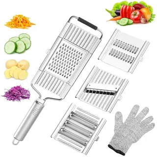 SURFOU Gemüsehobel 4-in-1 Verstellbar Edelstahl Gemüsereibe Küchenhobel und Reibe, emüsereibe, Heimküche, in Scheiben geschnitten, 4 teiliges Set silberfarben