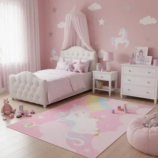 TAPISO Joy Kinderteppich Einhorn Regenbogen | Rosa Pink Teppich für Kinder Mädchen | Spielteppich Kinderzimmer | Weich, rutschfest, Pflegeleicht, Pädagogisch & Farbenfroh 200 x 300 cm