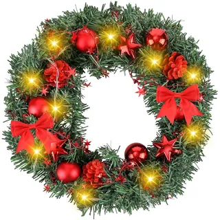 Weihnachtskranz Rot 40CM, Künstlicher Weihnachtskranz mit Led-Licht | Türkranz Weihnachten Außen mit Rote Beeren,Stern, Tannenzapfen, Weihnachtskugeln und Schleife für Advent und Haustür