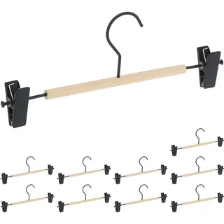 Relaxdays Hosenbügel 10er Set, verstellbare Clips, Spannbügel für Röcke & Hosen, HBT: 11,5 x 30,5 x 3cm, schwarz/Natur