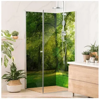 Bilderdepot24 Duschrückwand Fliesen Wald grün Duschrückwand ohne Bohren Dusche Natur, (2-tlg., 0,61 mm starke Folie selbstklebend Wandpaneele Dusche versch. Größen), fugenlose & wasserfeste Motiv Rückwand Wandverkleidung für Duschkabine grün 110 cm x 200 cm