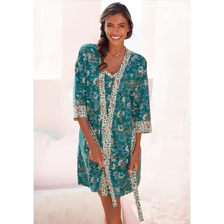 LASCANA Kimono LASCANA, Damen, Gr. 44/46, bunt (rauchblau, ecru), Jersey, gemustert, Kurzform, Hausmäntel, mit Blumen Allover-Druck