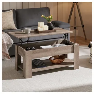 Yaheetech Couchtisch Höhenverstellbarer Kaffeetisch mit Verstecktem Stauraum und Ablage, Ausziehbarer Wohnzimmertisch Sofatisch für Wohnzimmer grau 98 cm x 42 cm x 50 cm