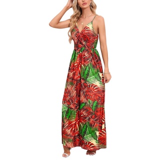 B.X Strandkleid Damen Sommer-Lässiges für tropisches Blumenmuster lange Kleider Spaghettiträger Boho-V-Ausschnitt fließende Strandkleider rot
