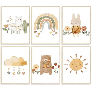 Dazzlewall 6-teilige Warme Kinderzimmer-Wandkunstdrucke, Niedliches Häschen-Regenbogen-Wandkunstposter für Baby-Mädchenzimmer-Dekor 8x10 Zoll ungerahmt