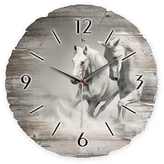 Kreative Feder Runde Wanduhr „Weiße Pferde“ aus Naturholz mit flüsterleisem Uhrwerk; Durchmesser 30cm (Weiße Pferde, leises Quarzuhrwerk)