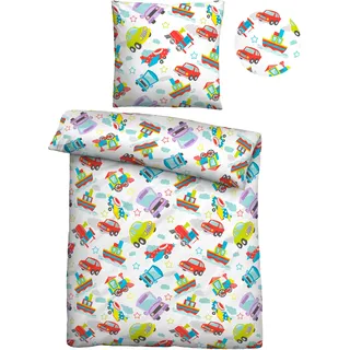 Kinderbettwäsche BIBERNA "Adrian mit Fahrzeugen, Autos, Bahn", bunt, B/L: 135cm x 200cm, 1 Stk., 1 Stk., Linon, B/L: 80cm x 80cm, 2 Stk., Linon, Obermaterial: 100% Baumwolle, Bettwäsche, hautfreundlich, kühlend, mit Reißverschluss, ganzjährig einsetzbar