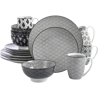 vancasso Haruka 16-teilig Porzellan Kombiservice, mit je 4 Speiseteller Ø 26,5 cm, Dessertteller Ø 21,5 cm, Müslischalen Ø 15,2 cm und Kaffeebecher 360 ml Schwarz + Creme