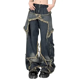 Baggy Jeans Damen Low Waist Wide Leg Mit Weitem Bein Hiphop Outfit Löchern Gerades Hose Cargohose Curvy Hosen Jeanshose Lockere Mode Sommerjeans Jeanshosen Straight Coole Hüftjeans Schlaghosen