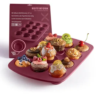 coox MUFFINFORM in Dunkelrot, Platzsparendes Muffinblech mit faltbaren Förmchen, Silikon BPA-frei, für 12 Muffins geeignet