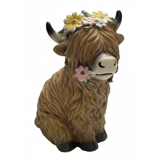 khevga Hochlandkuh Dekofigur mit Blumen – Handbemalte Highland Cow Statue aus Polyresin – Rustikale Landhaus Deko für Wohnzimmer & Geschenk für Kuh-Liebhaber – 20 cm hoch by