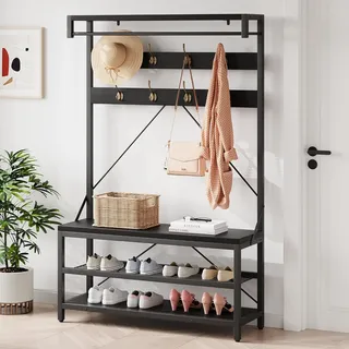 OPULENTHOME Garderobe mit Sitzbank, Garderobenständer mit Schuhablage Freistehend, Kleiderständer mit 2 Lagerung Regal Hängende Bar, 8 Haken,101x40x182cm Black