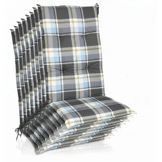 Beautissu Hochlehnerauflage 8er Set Hochlehner Auflagen Set 120x50 cm Polster Blau Kariert, 6cm Dicke Polsterauflage rutschfest UV-Lichtecht 5 Stuhlkissen blau