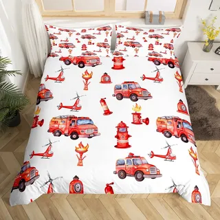 Homewish Feuerwehrwagen Rote Bettwäsche Set 135x200 | Kinder Feuerwehrmann Zubehör Bettbezug Skalierungsleiter Feuerlösche Komfortbezug Hubschrauber Feuerwehr Hydrant Bett