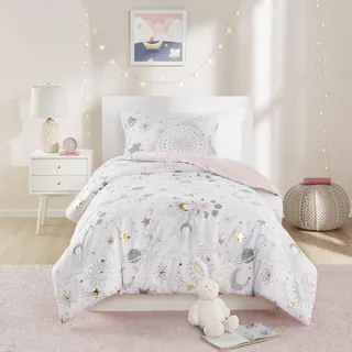MI ZONE KIDS Bettwäsche-Set für Doppelbett, Himmelsmuster, Metallic, Sternenhimmel, Mond und Sonne, für alle Jahreszeiten, leichtes und Flauschiges Bettdecken-Set, 1 Kissenbezug, Celia, Twin,