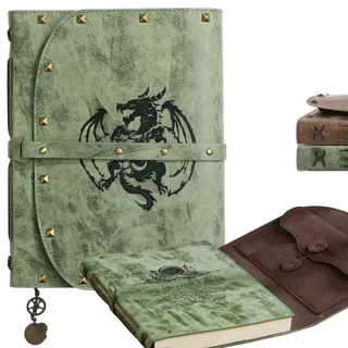 ACTIONDRAKE DND-Notizbuch für Damen und Herren, 288 Seiten, Hardcover-PU-Leder-Tagebuch, Drachen-A5-Notizbuch für RPG und DM-Charakter-Notizbuch für DND-Geschenk oder Zubehör, Handbuch oder Grimoire