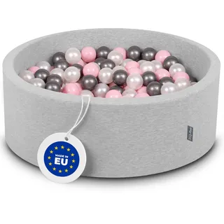 KiddyMoon Bällebad 90X30cm/300 Bälle ∅ 7Cm Bällepool Mit Bunten Bällen Für Babys Kinder Rund, Hellgrau:Perle/Rosa/Silbern