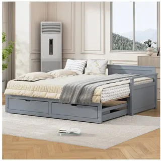 MODFU Schlafsofa Multifunktionales Zwei-in-Eins-Tagesbett, mit Kiefernbett, Schubladen und Ausziehbett 90 x 190 cm/180 x190 cm, ohne Matratze grau