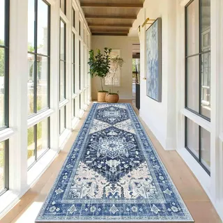 RBQIZVW Teppich Läufer Flur Waschbar Blau Teppiche Küche Läufer Vintage Blume Orientalischer Dünner Faltbar Teppich für Schlafzimmer Wohnzimmer Tisch rutschfest Teppichläufer Flurteppich 60×180 cm