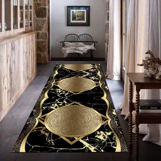 SLDAGe Teppich Läufer Gold Schwarz Luxus Teppich Flur Lang Modern Marmor Rutschfester Küchen Teppiche Läufer für Schlafzimmer Eingang Küche Wohnzimmer Lounge Bodenteppiche,80x160cm/32x63 in