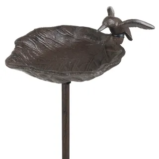 Moritz Vogeltränke Gusseisen 99 cm Gartenstecker mit Erdspieß antik braun Schale Blattform Kolibri Vogelbad Garten Beet wetterfest Deko