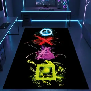 CARPETIA Gamer Teppich Gaming Zimmer Läufer lebendige Neon-Farben ikonische Symbole schwarzer Hintergrund 50x90 cm