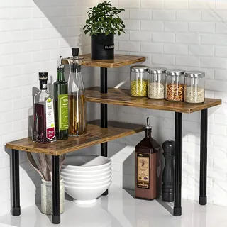 Eckregal Küche Organizer Küchenregal Klein - 3 Stöckiges Verstellbares Küche Arbeitsplatte Tischregal Verstellbar Gewürzregal Stehend Küchenorganizer Regal für Esszimmer Küchen Badezimmer (Holz)