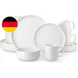 MALACASA Geschirrset 4 Personen, LUNA 16-Teilig Tafelservice Aus Weißem Porzella