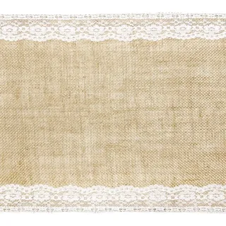 PartyDeco Jute Tischläufer, Tischband Natur mit Spitze - 28 cm x 2.75 m lang - Eco Vintage Rustikal Tischdeko, für Hochzeit, Festival, Fest, Feier, Weihnachten - Natürlich Braun + Weiß