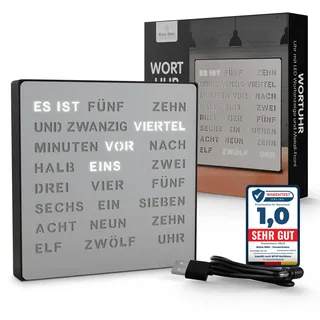 Bada Bing LED Wortuhr Silber mit Deutscher Wort Anzeige - edle Metall Uhr mit USB Kabel Wanduhr modern - Tischuhr hochwertig lautlos zum Aufstellen/Aufhängen - Deko Geschenk Männer Geburtstag Büro