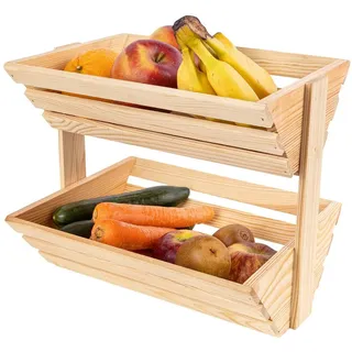 Creative Home Aufbewahrungssystem Obstkorb Holz mit 2 Etagen, Geöltes Holz 36 x 28 x 30 cm, Holz, Für Gemüse Snacks Küche beige