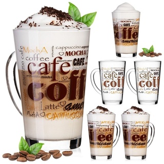PLATINUX Latte-Macchiato-Glas Kaffeegläser mit Kaffee-Motiv, Glas, mit Kaffeeaufdruck Set 6-Teilig 300ml aus Glas Latte Macchiato Gläser weiß