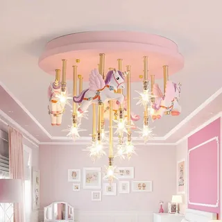 LED Deckenleuchte Rosa Einhorn Kinderzimmer Lampe Dimmbar 3-farben Kreativ Sternenlichter Pendelleuchte Schlafzimmer Mädchen Modern Karikatur Kinder Deckenbeleuchtung für Prinzessin Babyzimmer 40*40cm