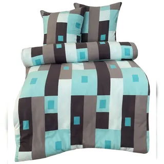 Leonado Vicenti Bettwäsche Thermofleece 155x220 + 80x80 cm türkis grau Vierecke kariert mit Reißverschluss / 2 tlg.