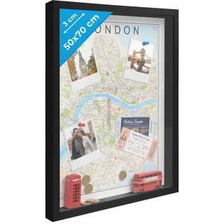 PHOTOLINI 3D Bilderrahmen zum Befüllen 50x70 Schwarz groß, 3 cm tiefer Objektrahmen mit Acrylglas, tiefer Bilderrahmen 50x70 Holz MDF, Dicker 3D Rahmen befüllbar für Gegenstände Geschenk