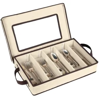 HOLDN’ STORAGE – Schlichte Elegante Besteckkiste – Robuster Besteckkasten mit 5 Fächern, Großes Fassungsvermögen – Ivory mit braunem Rand
