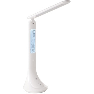 EGLO LED Tischlampe Coluccia, Nachttischlampe mit Wecker und Thermometer, touch dimmbar in Stufen, Schreibtischlampe aus Kunststoff in Weiß, Bürolampe neutralweiß