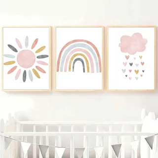 IBXWMNG Kinderzimmer Poster, 3er Set Boho Regenbogen, Sonne & Wolke Deko - Wandbilder für Jungen & Mädchen, Wohnzimmer, Schlafzimmer - ohne Rahmen - stilvolle Wanddeko
