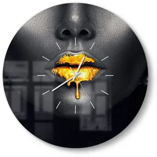 DEQORI Wanduhr 'Goldbedeckte Lippen' (Glas Glasuhr modern Wand Uhr Design Küchenuhr) goldfarben|schwarz 50 cm x 50 cm