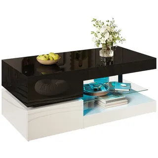Moderner Couchtisch 90x45x35 cm mit LED-Beleuchtung und APP-Steuerung in Schwarz-Weiß, Hochglanz-Oberfläche, 16 Farben und dynamische Modi