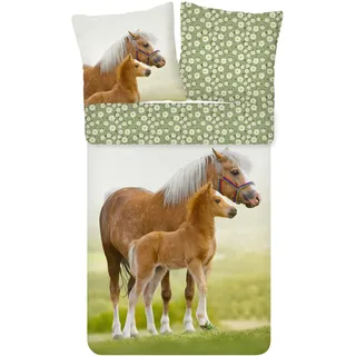 ESPiCO Bettwäsche Trendy Bedding Pferd Pony Fohlen Haflinger Koppel Blumen Blümchen Grün Braun Renforcé, Größe:135 cm x 200 cm