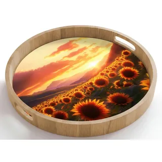 OnlyWow Tablett Rund mit Henkel Sonnenblumen - Sonnenuntergang - Landschaft, Eichenholz, (1-tlg), Servierbrett Groß, Tischdeko, Platte, Tisch Deko 50 cm x 50 cm x 5 cm