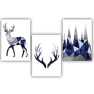 Artze Wall Art Geometrische Hirschgeweih und Berge Kunstdrucke 3-teiliges Set, 21 cm Breite x 30 cm Höhe, Marineblau/Grau