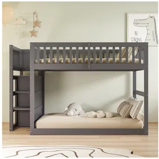 IDEASY Etagenbett 140 x 200 cm,mit 4 Schubladen,Holzbett (140 x 200 cm,mit 4 Schubladen,Holzbett), Sicherheits-Etagenbett mit Staufach, hohes Zaun-Design grau