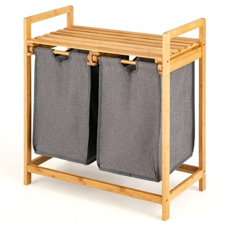 GOPLUS Wäschekorb 2 Fächer, Bambus Wäschesammler mit Ablage, Wäschebox Wäschesack Wäschesortierer ausziehbar und abnehmbar, 64 x 33 x 73 cm, Natur