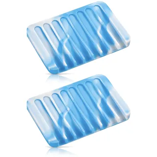 Selbstentleerende Seifenschale für Dusche, Silikon-Seifenschale für Küchenspüle, Waschbecken (2, Blau und Weiß, S (7,9 x 11,4 cm)