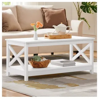 Yaheetech Couchtisch 100 × 50 × 45 cm, 2-Stufiger Wohnzimmertisch Kaffeetisch mit großer Ablage weiß