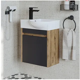 Roomart Badmöbel-Set LEO Gäste-WC Möbel 4-teilig, Unterschrank & Spiegel, Soft-Close, (Badmöbelset Unterschrank mit Waschbecken Badezimmer Möbel Gäste WC), Kompaktes Gäste-WC-Set, modular wählbar, Soft-Close
