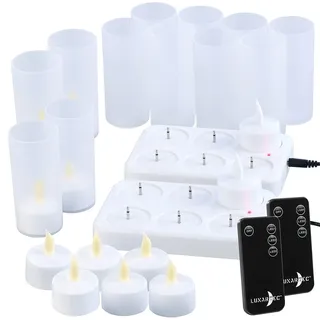 Lunartec LED Teelicht aufladbar: 12er-Set Akku-LED-Teelichter mit Ladestation, Fernbedienung, 15 Std. (Kerzen mit Ladestation, Weihnachtskerzen, Flamme)