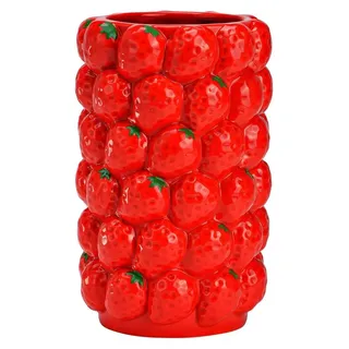 Blumenvase Erdbeere - rot - Keramik - D12 x H19 cm - Obstvase Erdbeermuster